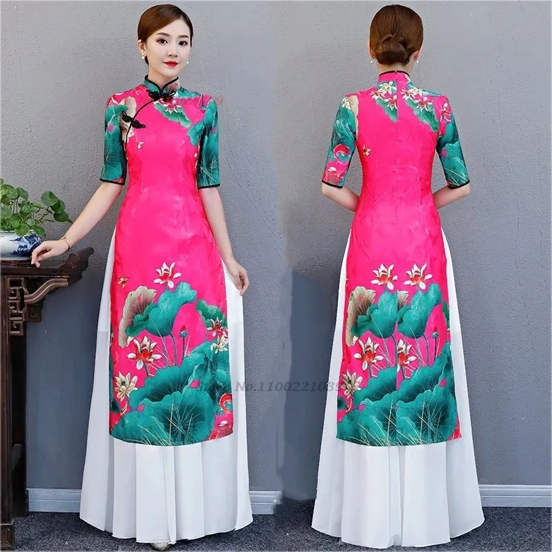 

2025 chinese improved qipao dress+skirt national flower print cheongsam vietnam ao dai dress party dress oriental a-line qipao