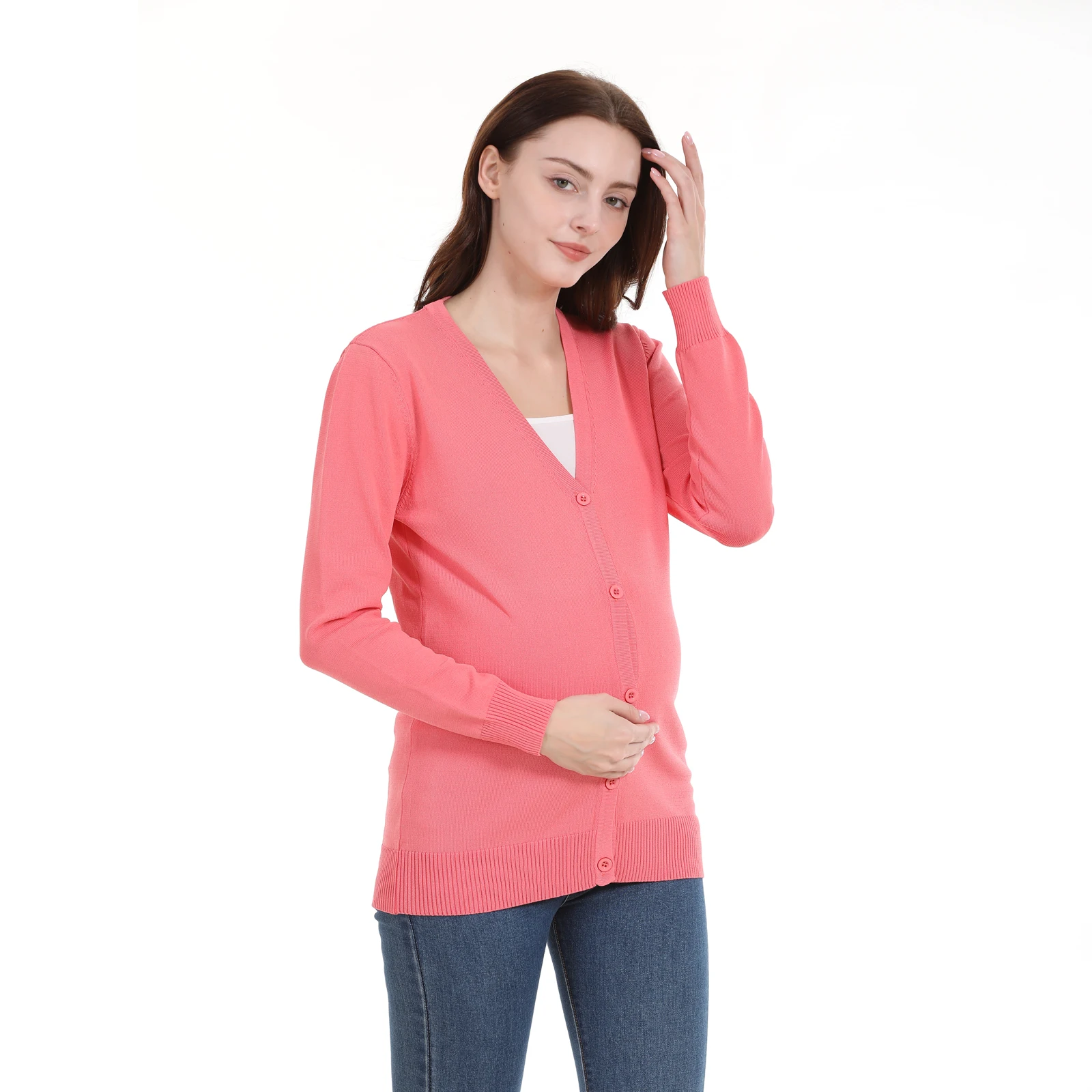 Pakaian Hamil Mantel Wanita Hamil Kardigan Musim Semi Musim Gugur Sweater Lengan Panjang Pakaian Menyusui Elastis Mantel Rajut