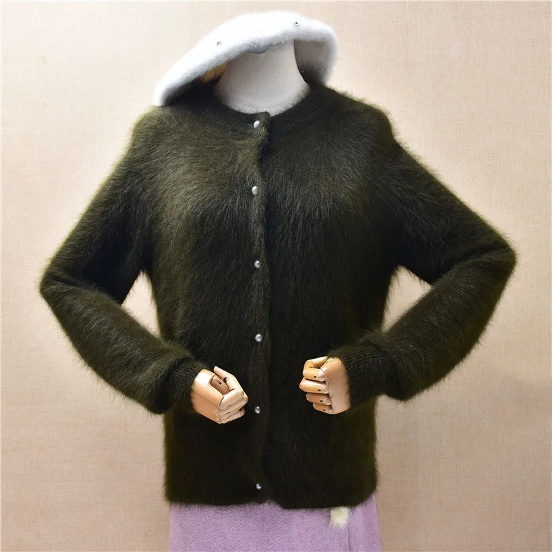 Ladies Women Autumn Winter Hairy Angora Rabbit Hair Knitted Army Green Short Style Slim Cardigans Mink Fur Cardigans weater Coat view 2