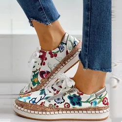 Women Sneakers Lady Vulcanized Shoes Elegant Floral Printed Lace-up Female Flats Skateboard Fashion Women Casual Footwear