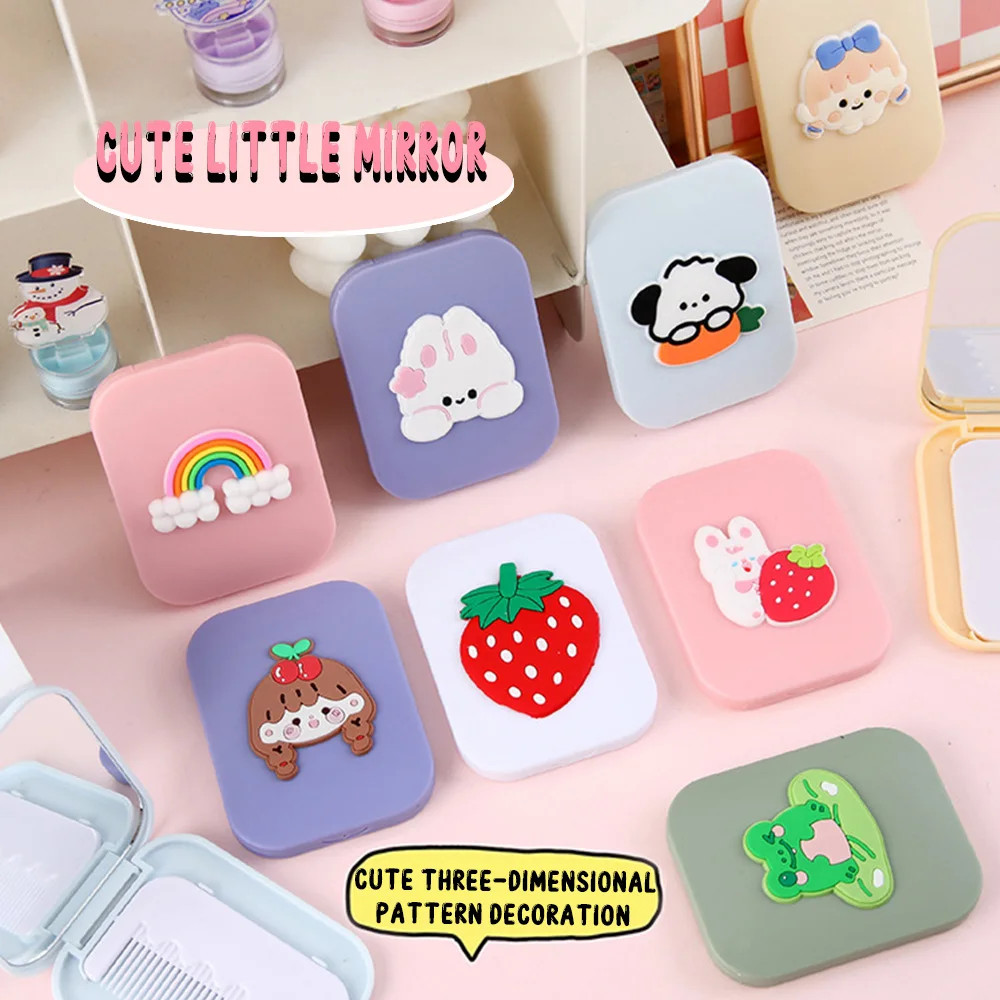 Makeup Mirror Small Comb 2-In-1 Folding Cute Cartoon Plastic Mirror For Female Students Easy To Carry Around With Hair Comb