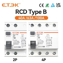 ETEK RCD RCCB tipo B dispersione di terra interruttore differenziale Evse 2P 4P 40a 63a 100a 30ma 300mA EKL6-100B guida Din 220V