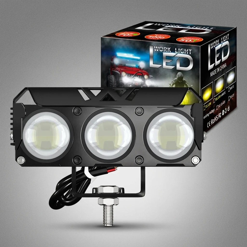 2pc Dual Color LED Work Light Bar 12V-85V Yellow White 3 Lens 3000LM IP65 Waterproof Spotlight for Motorcycle Truck SUV
