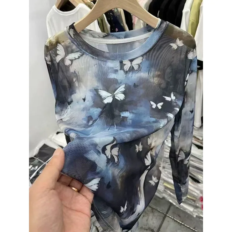 Sfumato Retro Mesh Print Sun Protection Long-sleeved T-shirt for Women 2025 New Tulle Blouse Layered Pullover