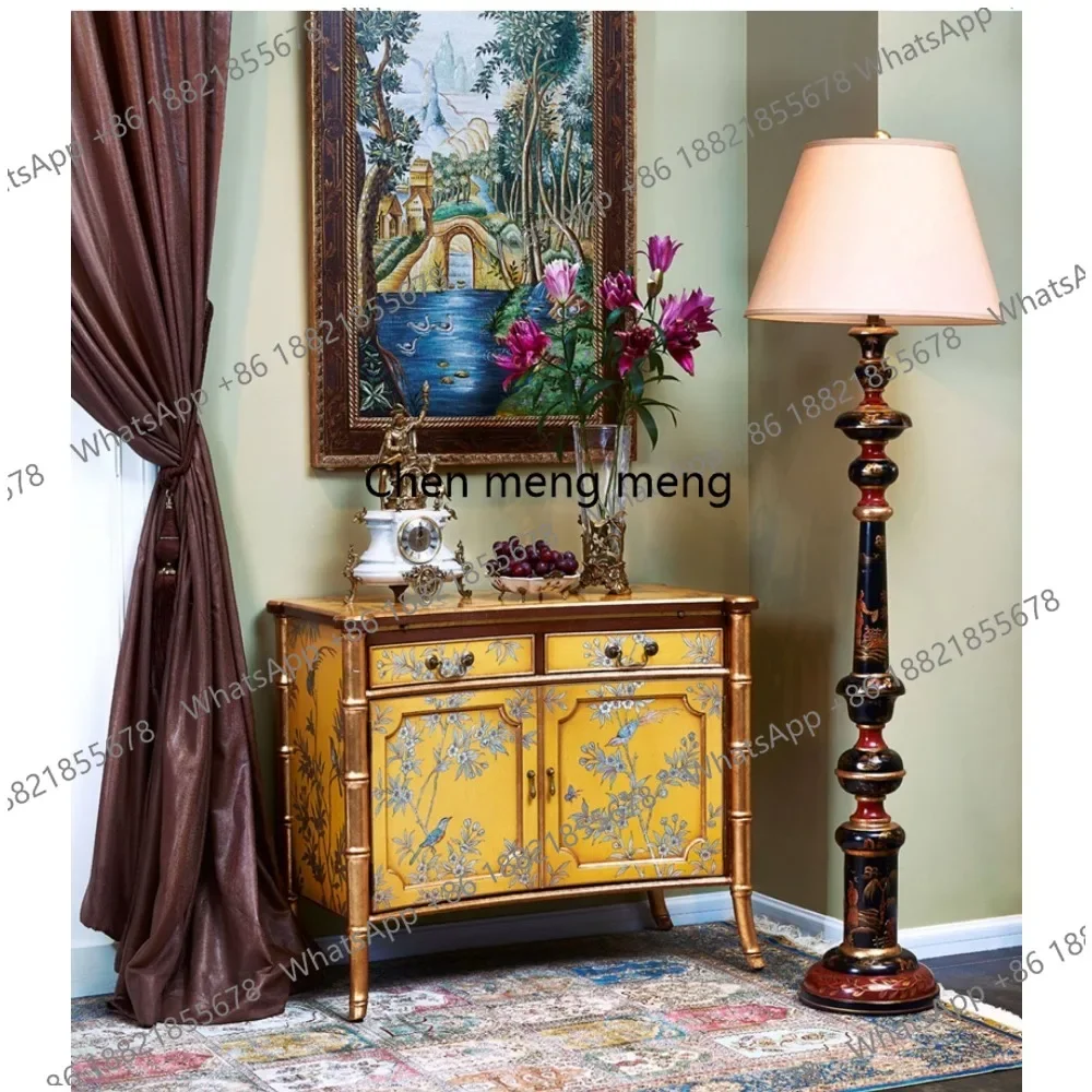 Q178 French European gold entrance cabinet yellow art hand-painted retro flower and bird entrance platform