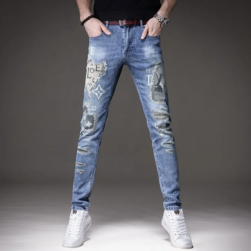 

Spring and Autumn New Fashion Trend Printed High-Grade Straight-Leg Jeans For Men Loose Sports Fashion Elastic Ankle Pants