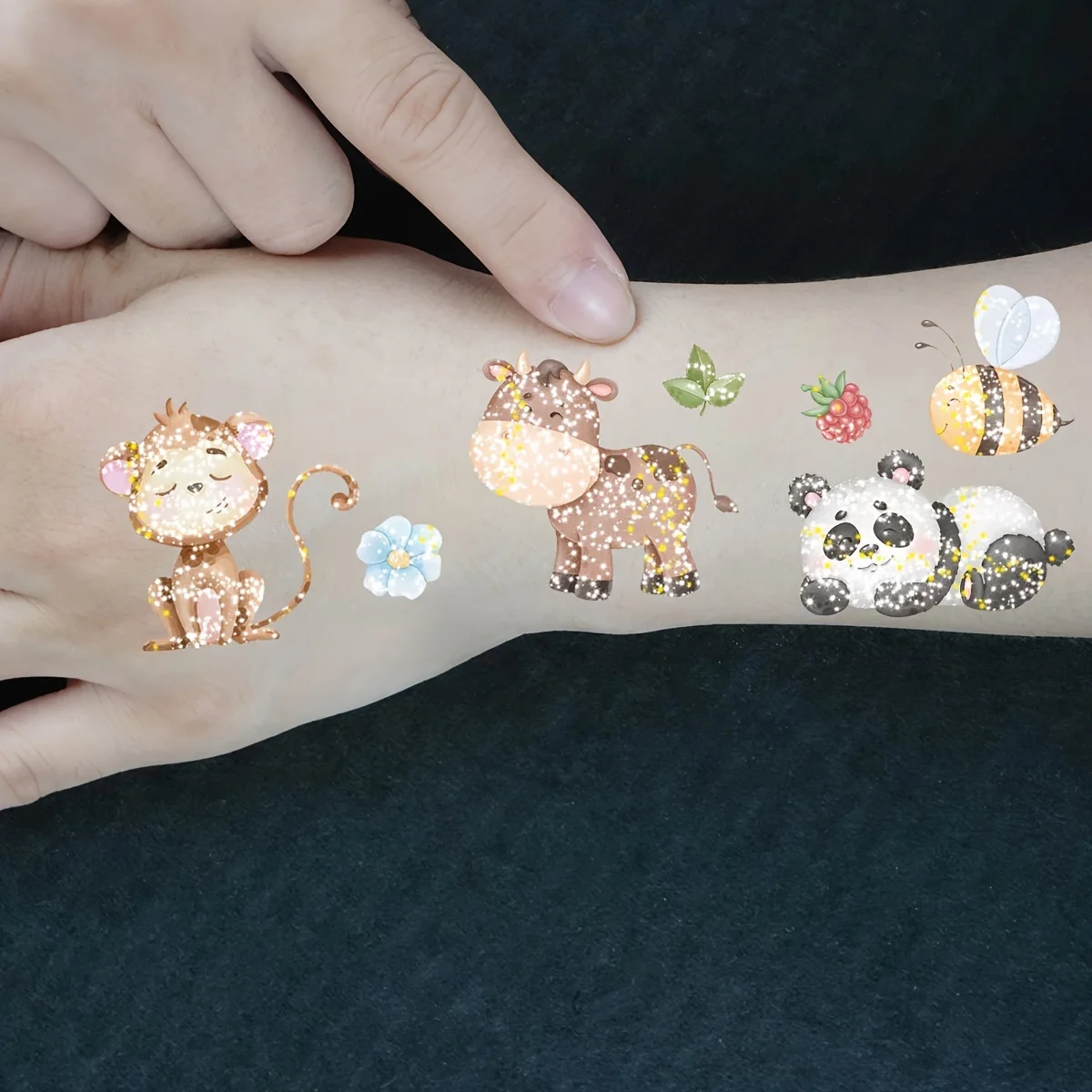 10pcs Sparkly Glitter Tattoo Stickers for Kids Cartoon Animal Elephant Hedgehog Duck Temporary Fake Tatoo Hands Body Girls Boys