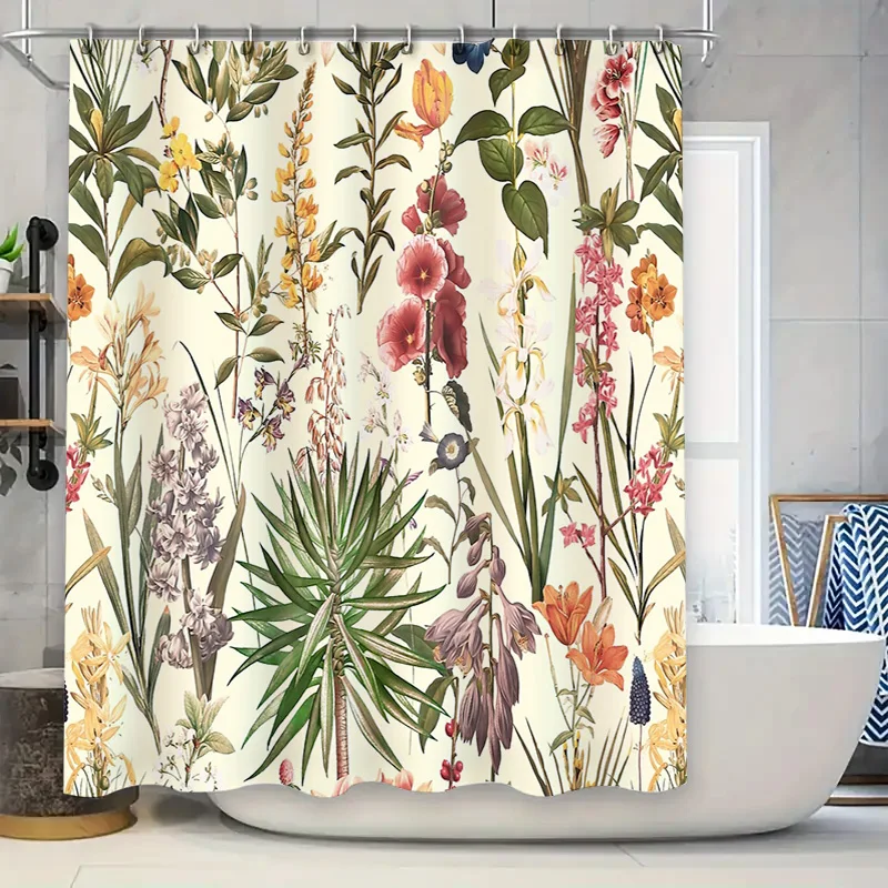 

Botanical Shower Curtain Tropical Plants Vintage Floral Bathroom Decor Nature Landscape Scenic Wall Art Washable Fabric