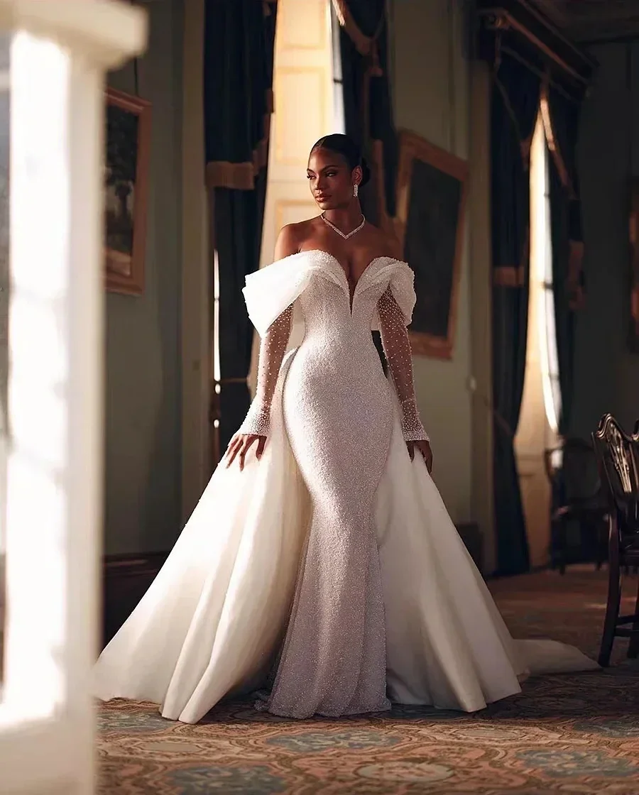 Detachable African Wedding Dresses Black Girls Mermaid Long Sleeves Pearls Aso Ebi Women Bridal Gown Vestido De Novia Customized