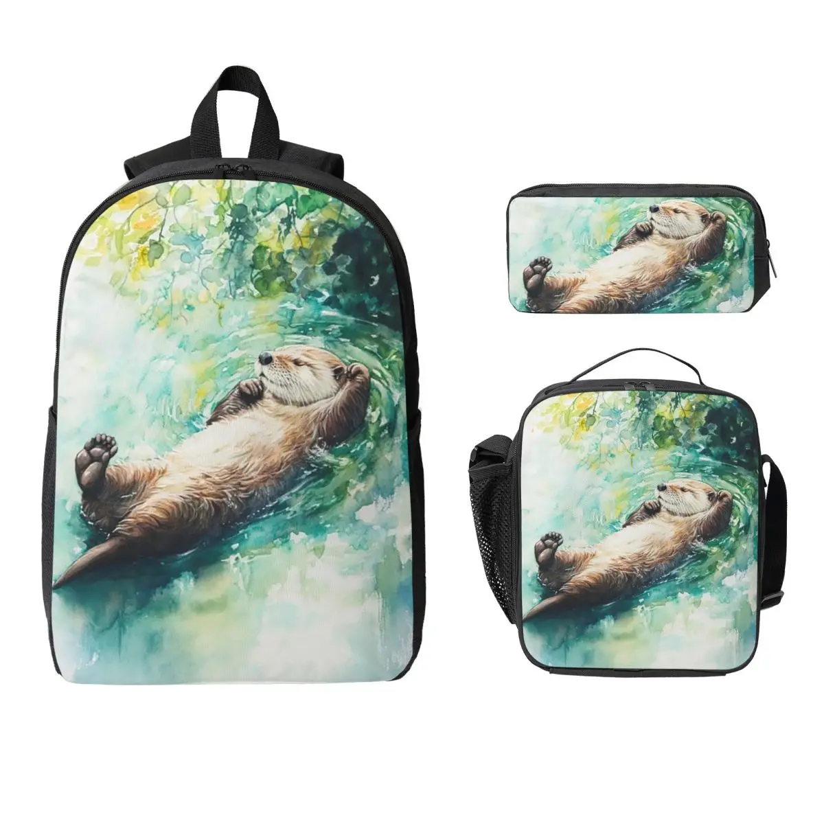 Otter Happily Playing In Water Backpack Boys Girls BookBag School Bag Laptop Shoulder Bags 3ps Insulated Lunch Bag Pencil Case