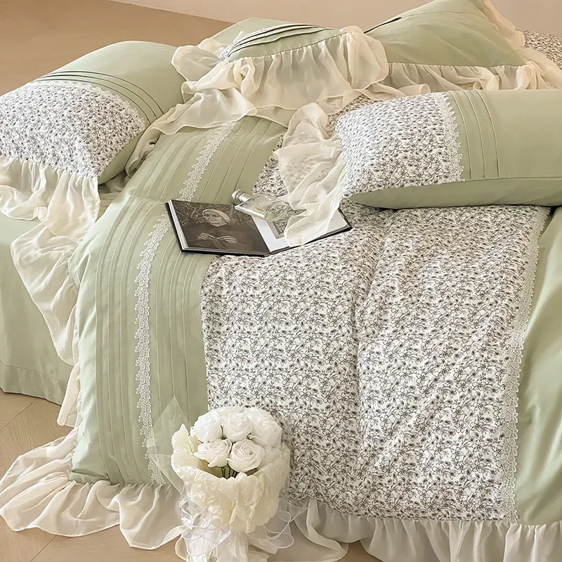 Cotton Matte Four Piece Set of Pastoral Flowers, Chiffon Lace, Quilt Cover, Thickened 1.8m Bedding