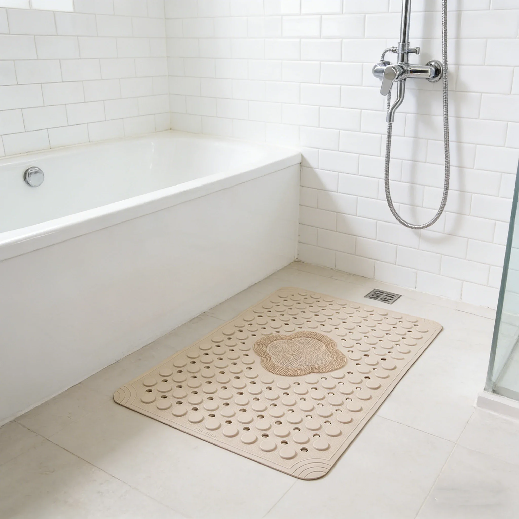 

15.75x27.56 Inch Shower Foot Scrubber Mat with Suction Cups And Drain Holes - Machine Washable Scrub Bristles Shower Floor Mat