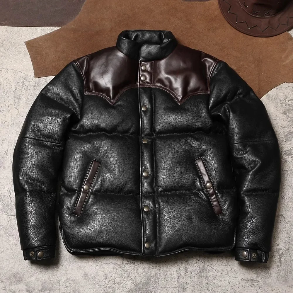 

Thick Leather Winter Jacket, Vintage Style, Heavy Real Cowhide Coat, 400g Duck Down Cloth, Quality Wholesales