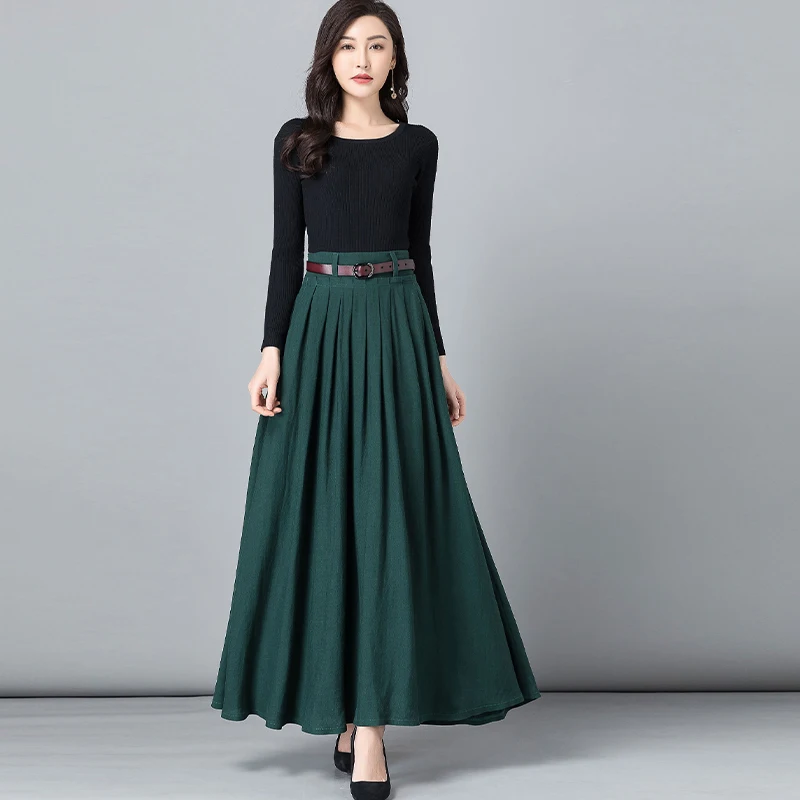

Dark Green Linen Skirt, Slim Fit Flared Long Skirt, Elegant A-Line Skirt, Versatile Street Style Skirt