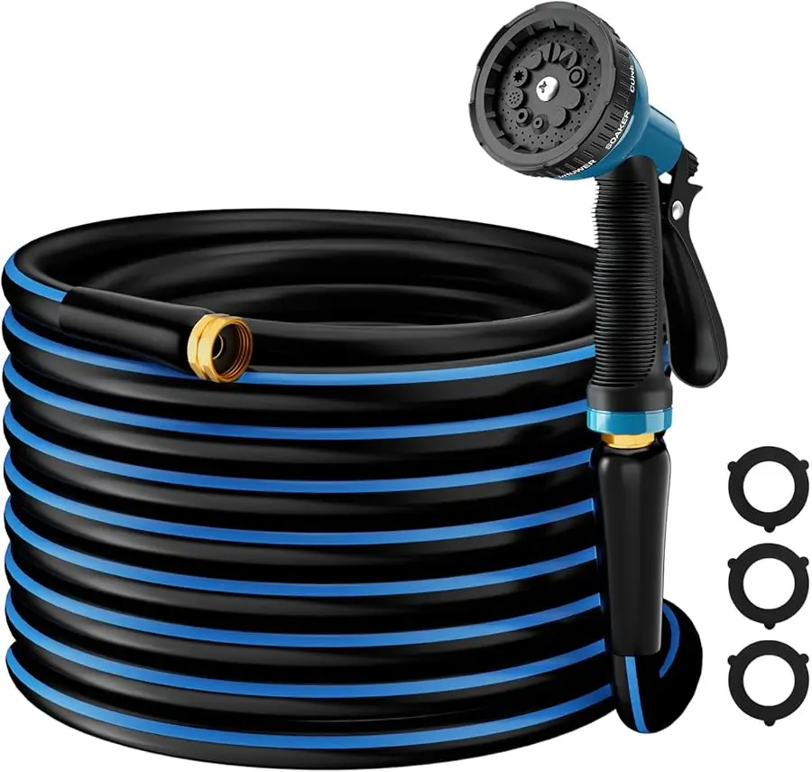 

Heavy Duty Garden Hose 5/8" 50FT: Flexible Rubber Water Hose with 10 Function Sprayer - Leakproof Hose Male to Female Fittings -