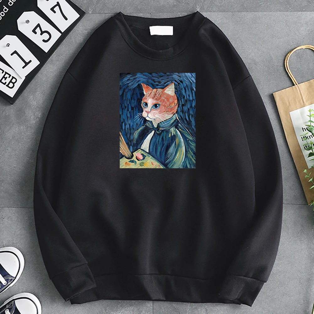 Van Gogh Cat Self-Portrait Hot Sale Print Men\'s Hoody Thick Winter Mens Hoodies Fleece Autumn Sweatshirt Oversized Soft Clothes