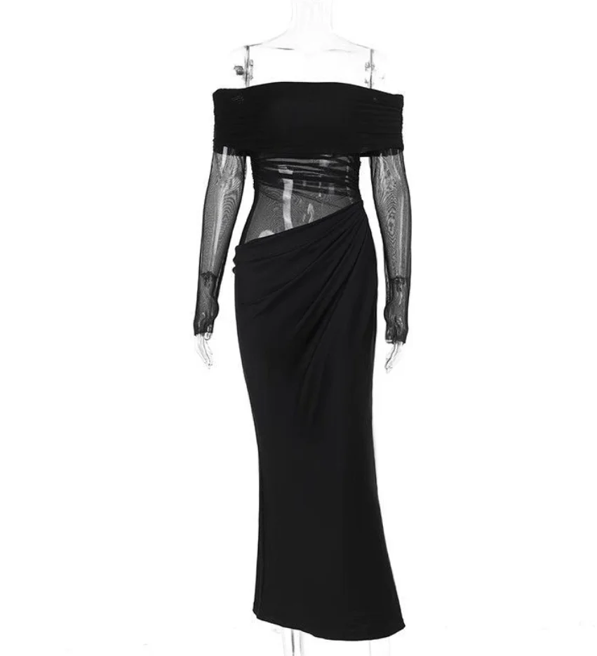 Vestidos para mujer 2025 primavera nueva moda fuera del hombro Sexy malla recortada negro mangas largas Casual Slim Fit Maxi vestido