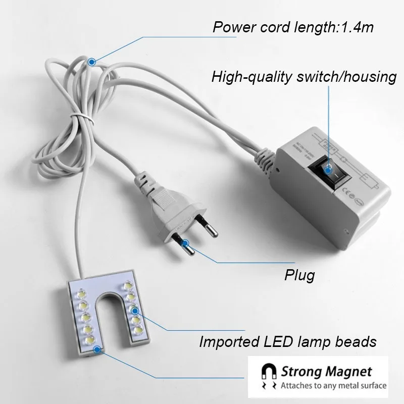 縫製用工業用照明ランプ,磁気作業灯,U字型ランプ,EUおよびUSプラグ,ドリル用作業灯,10個