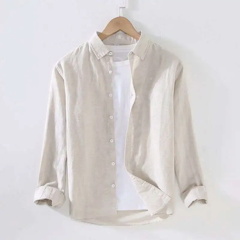 

Men's Casual Thin Long Sve Linen irt Loose Cotton Linen Material Spring Summer Faionable White Inner Wear Spring