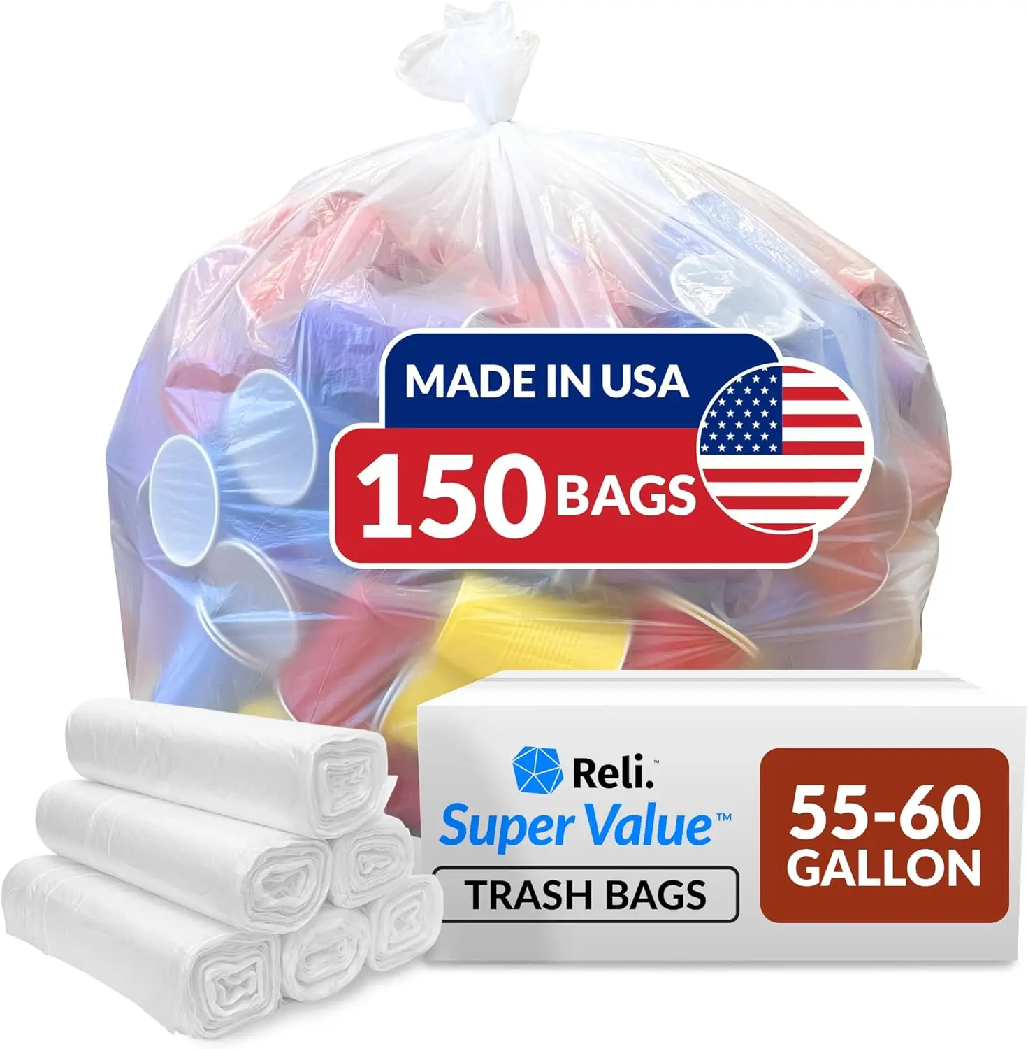 

Heavy Duty Clear Trash Bags, 55-60 Gallon Capacity, 150 Count Bulk Rolls - Easy Grab Star Seal