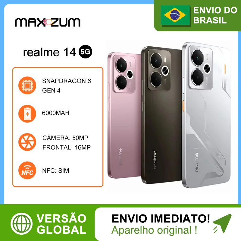 Realme 14 5G 256GB/12GB Armazenamento/RAM, Snapdragon 6 Gen 4, Bateria 6000mAh, RMX5070, Versão Global
