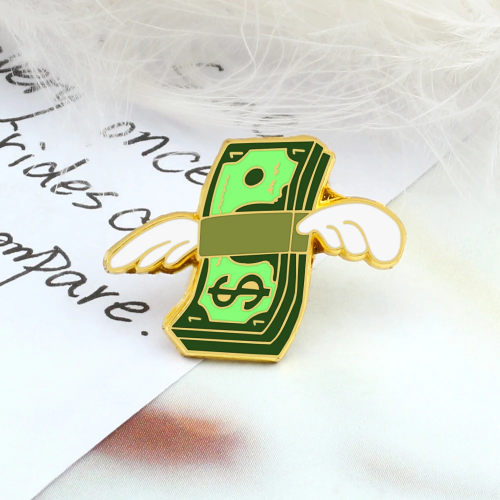 Windfall!Creative Bundled Money Dollars Enamel Pin Unique Flying Angel Wings Banknote Cash Brooch Fashion Hat Badge Jewelry Gift