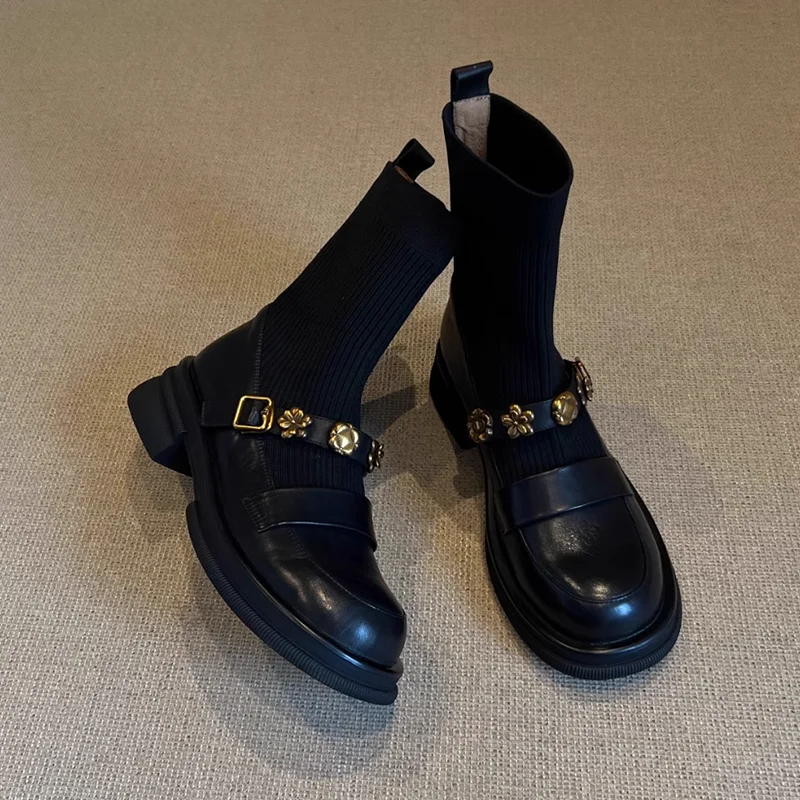 Flower Women's Ankle Boots Flats Designer Knitting Shoes 2025 Fashion Gothic Boots New Walking Winter Short Sock Mujer Botas view 2