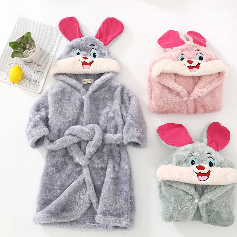 Children Bath Robe Baby Girl Cute Rabbit Ear Flannel Warm Pajamas Autumn Winter Fashion Girls Bathrobe Hooded Homewear Clothes