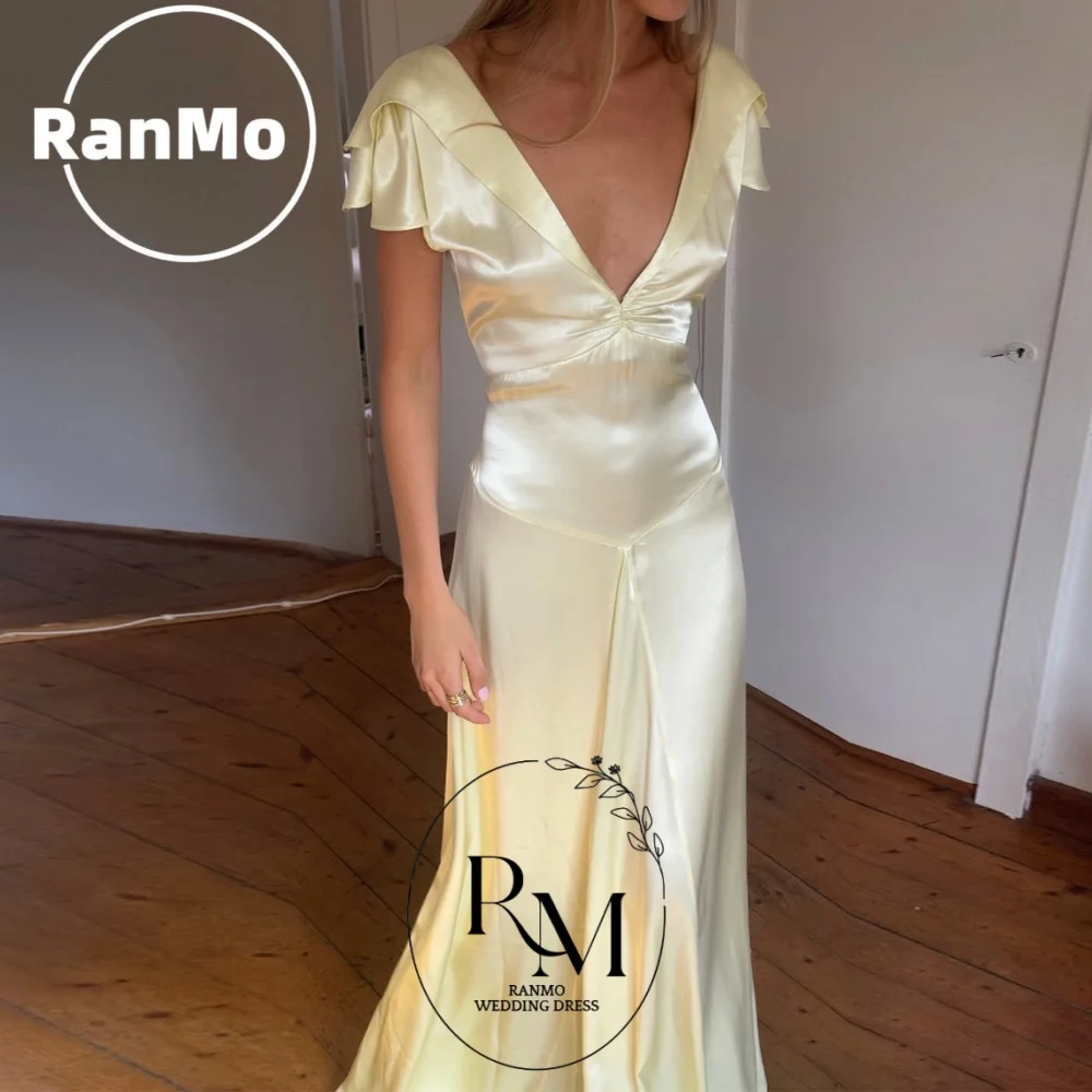 

Ranmo Sexy New Deep V Neck Evening Gown Dress Backless Light Yellow Prom Gown Elegant Floor Length A Line Party Dress Customized