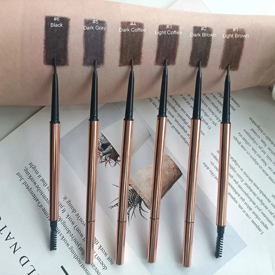 Vegan Ultra Fine Dual Head Waterproof Eyebrow Pencil Private Label Auto Rotating Smudge Proof Makeup Wholesale Custom Logo
