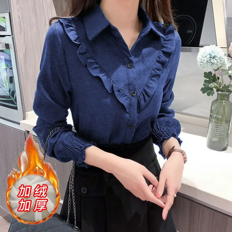 Wine Red Autumn and Winter New Lantern Sleeve Corduroy Long Sleeved Shirt for Women with Thick Velvet and Slim Fit Inner Layer