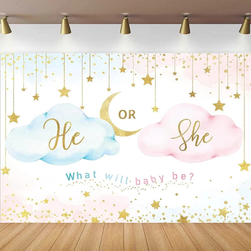 He Or She Gender Reveal Photography Backdrop Pink Cloud What Will Baby Be Background Gold Stars Moon Cute Lovely Newborn Party