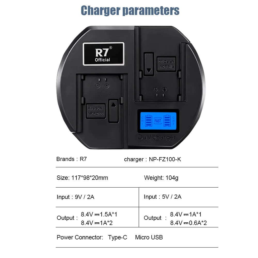 R7 2280mAh NP-FZ100 NPFZ100 NP FZ100 Battery+ LCD Dual USB charger for Sony NP-FZ100,BC-Q21,sony a9, a7RIll, a7 l,A6600