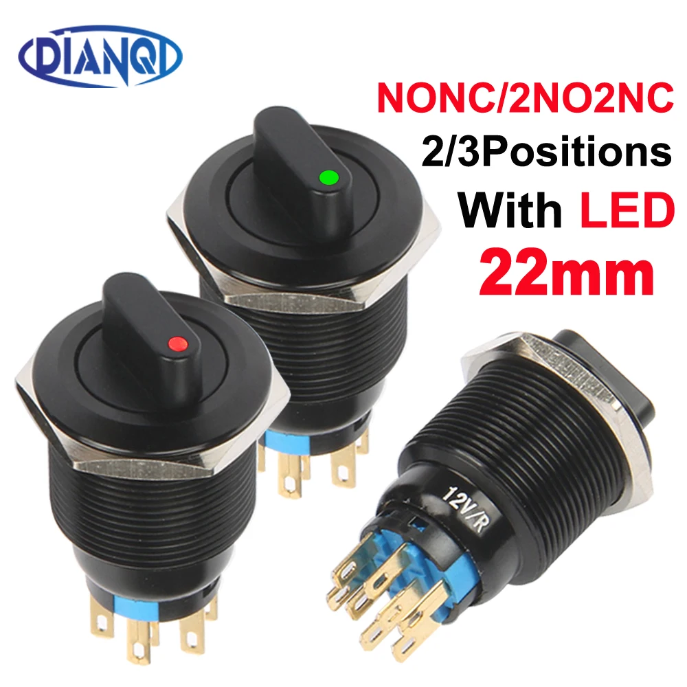 

22mm Oxidized Black Alumina With LED Round Dot Rotate Switches NONC 2NO2NC DPDT Car Button Latching fixation No Led knob Switch