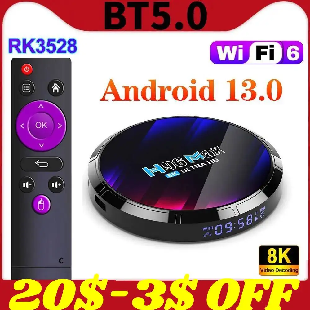 

NEW 2023 H96 MAX RK3528 TV Box Android 13 Media Player Quad Core 64bit Cortex A53 Android 13.0 8K Video Set Top Box Wifi6 BT5.0