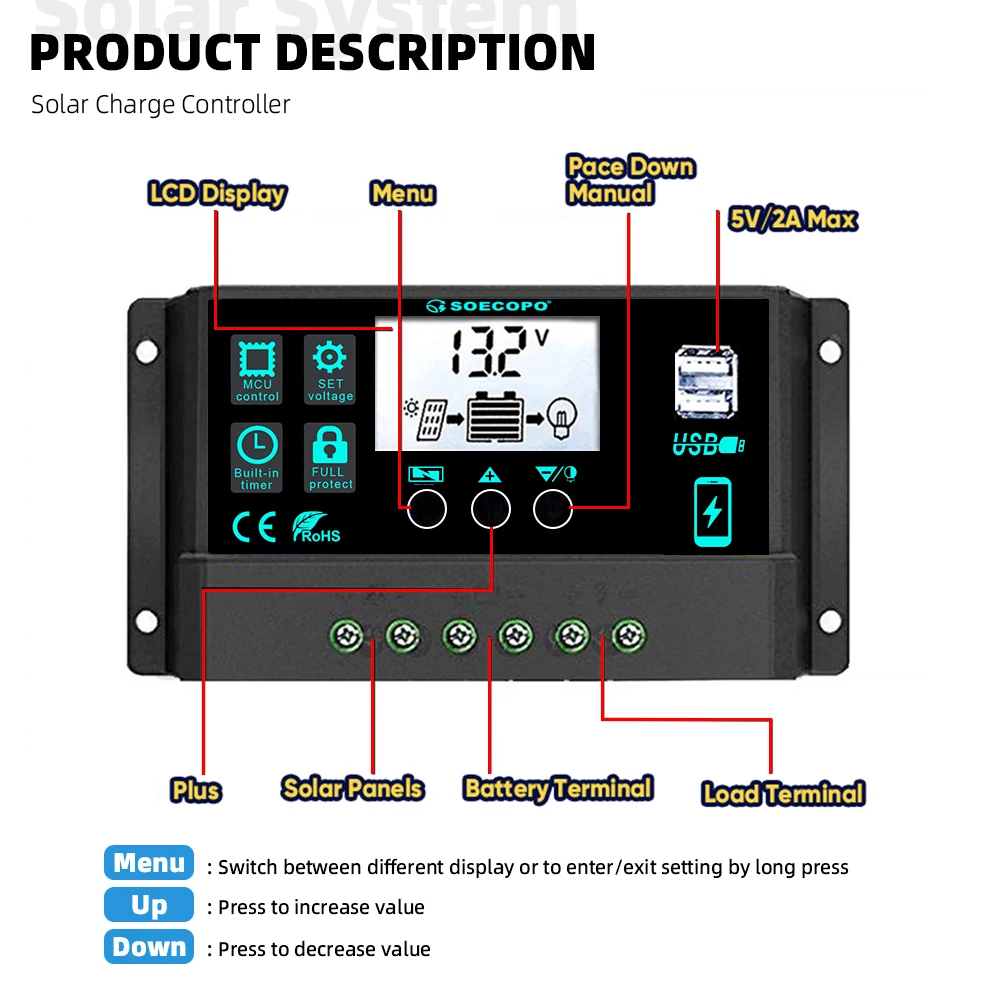 12V/24V 100A Solar Charge Controller AutoSwitch LCD Display with Overcharge/Short Circuit Protection for RV Boat Off-Grid System