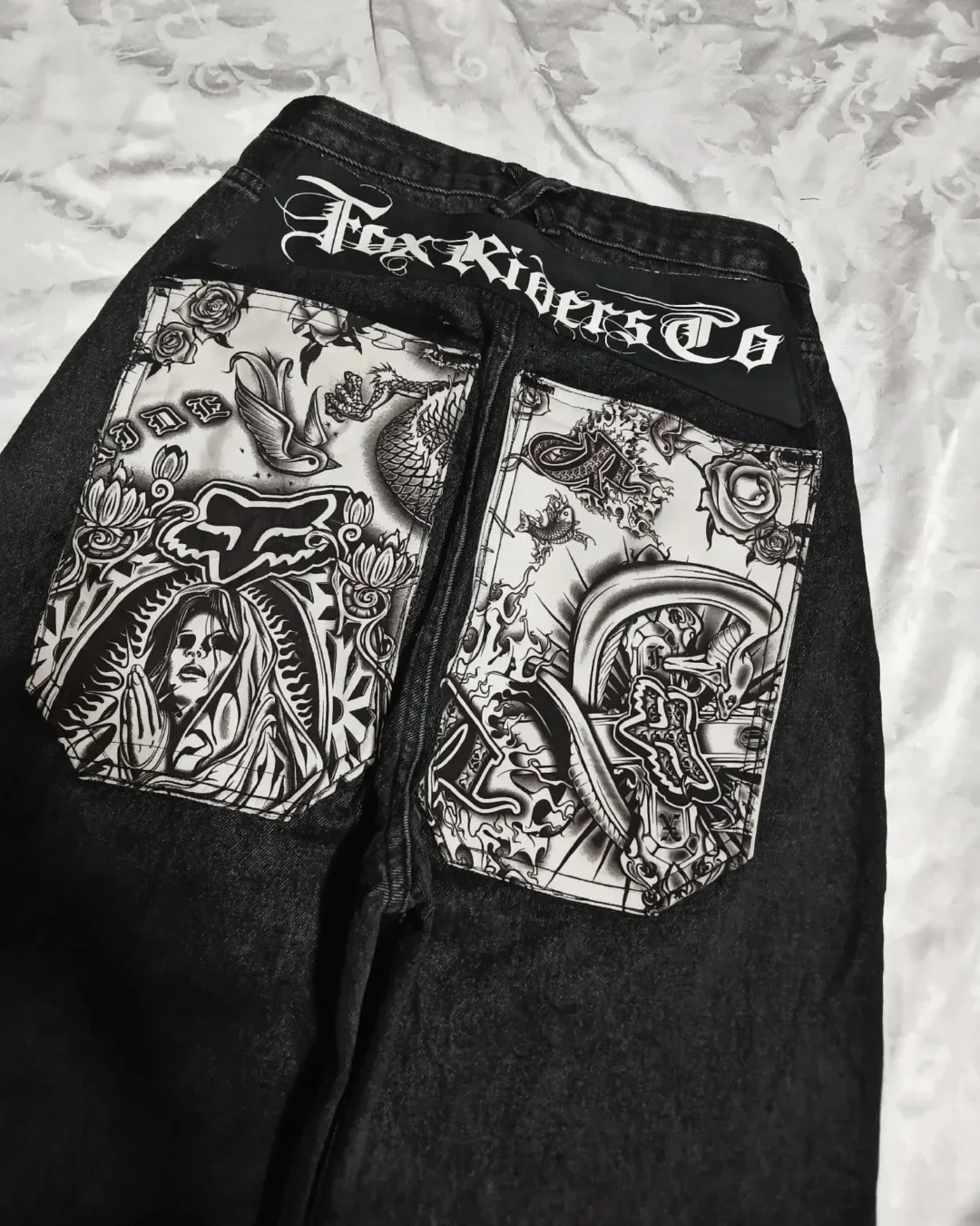 

Dark Washed Big Pocket Gothic Pattern Baggy Jeans American Y2k Trend Streetwear Hip Hop Straight Pants Men's Sweatpants