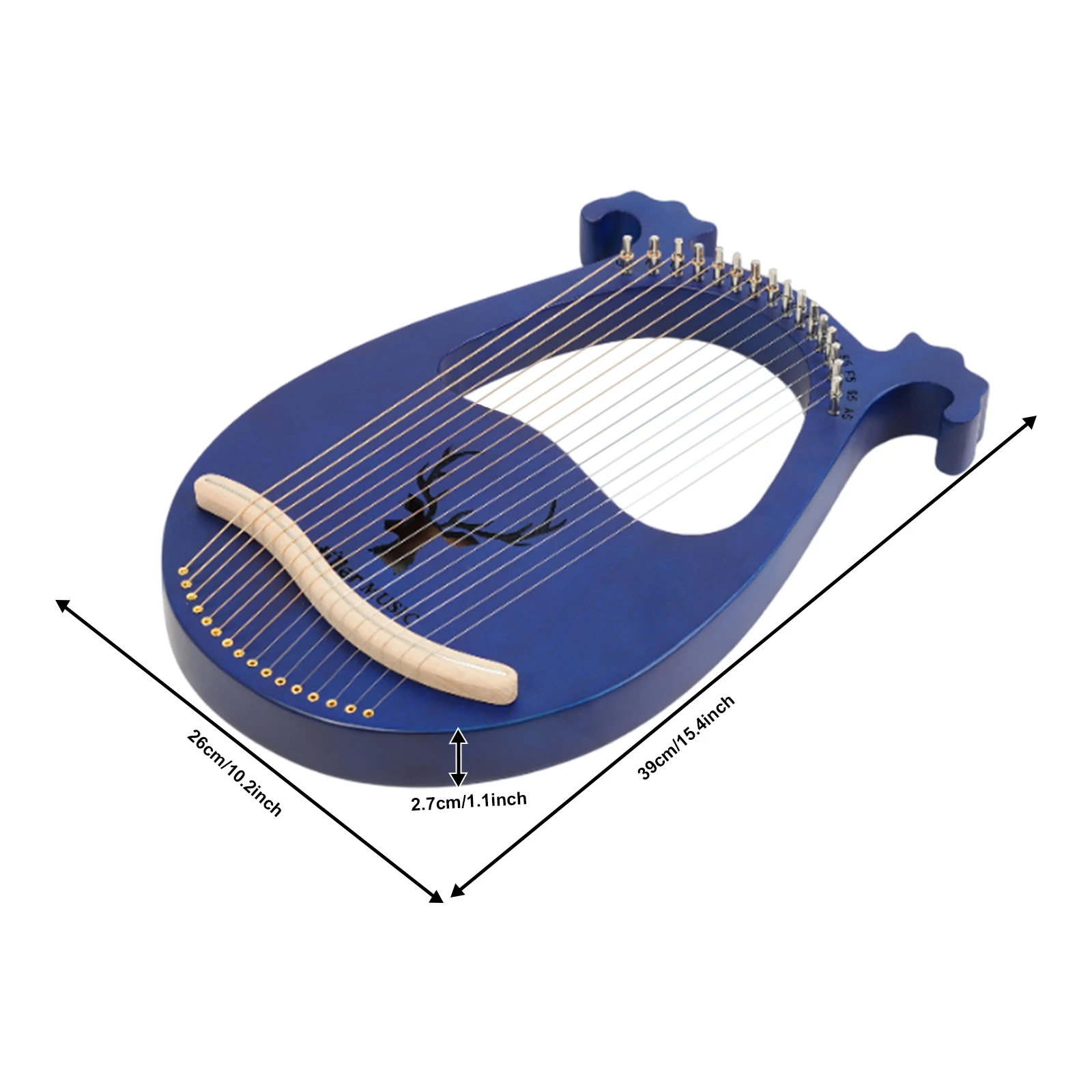 قيثارة قيثارة محمولة مكونة من 16 وترًا (أزرق)، من خشب الماهوجني الصلب - صوت واضح، تصميم قرن الوعل، خفيفة الوزن 2.93 رطل، مع أوتار إضافية