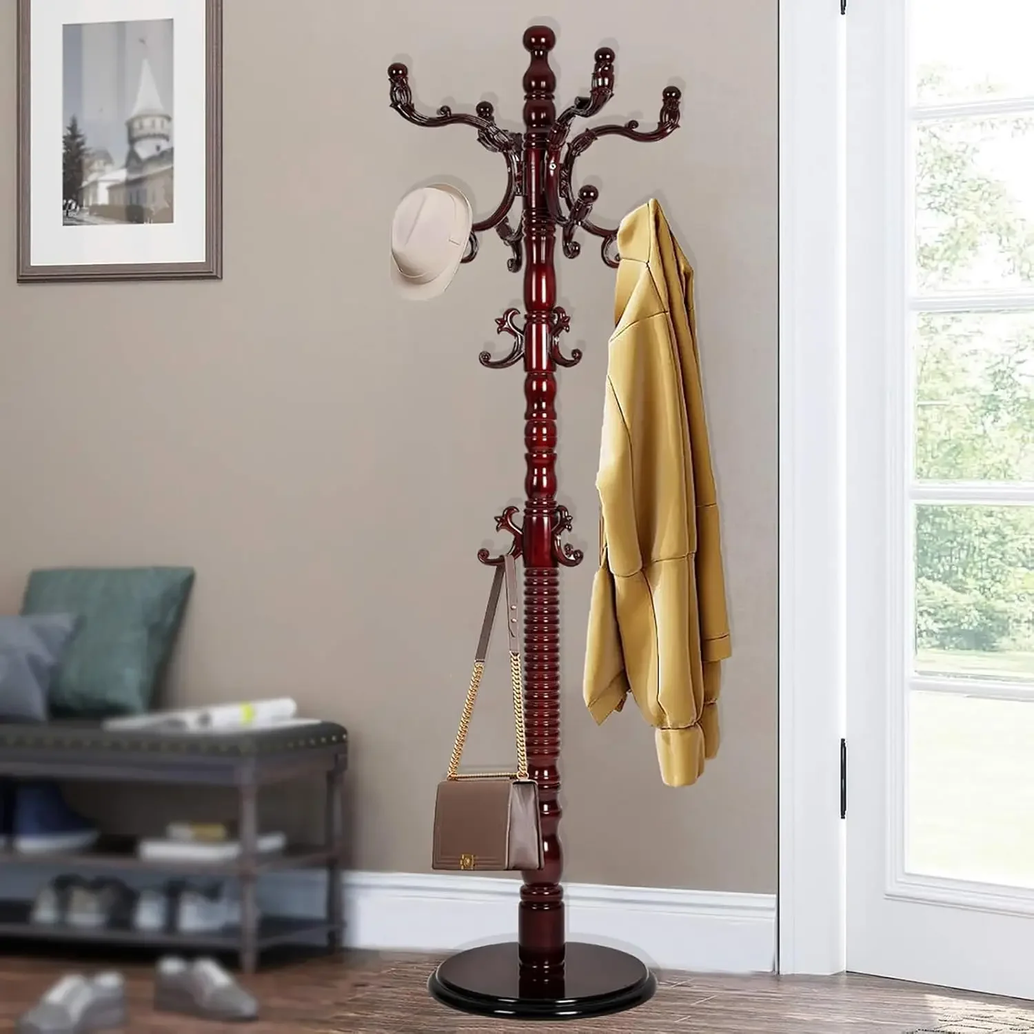 Coat Rack Stand,Coat Racks Freestanding With 14 Hooks And Solid Round Base Heavy Duty Adjustable Height Hall Tree Coat Rack for