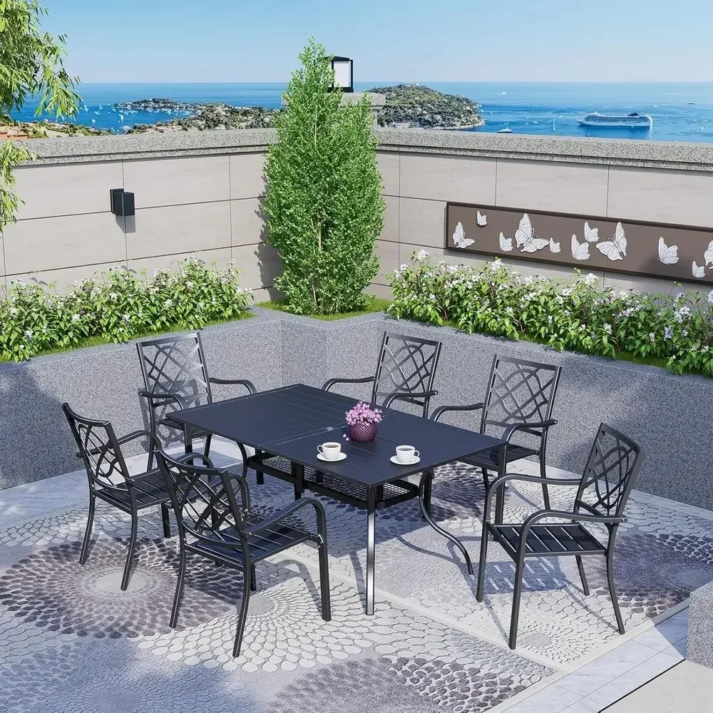 7-Piece Patio Dining Set with 6 Stackable Chairs and Round Outdoor Table, Khaki Umbrella