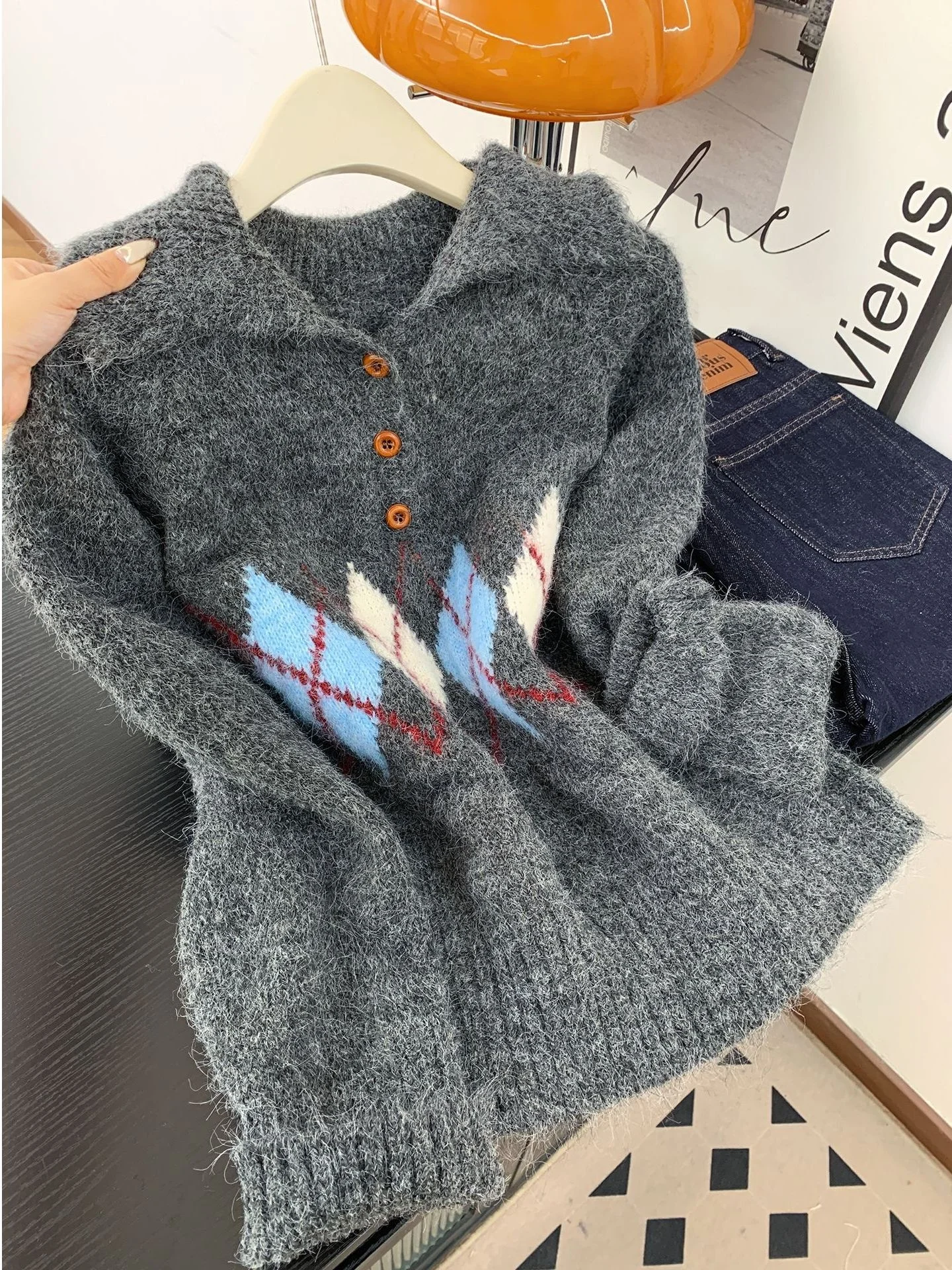 

Retro Diamond id Collar Sweater Women's Loose Fit Outerwear Knitted Top Anti-Aging Autumn Winter New Sle Casual irt