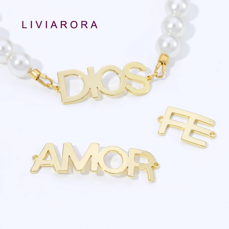 letras para bisutería, Conectores de Charms con Letras 'Fe Dios Amor' Chapados en Oro de 18K, Conectores Religiosos de Latón para Fabricación de Joyería