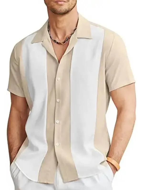 

Wide Striped Lapel ort Sve irt Top Loose Fit Printed Casual Summer Menswear Traditional Button-Up Senior Faion