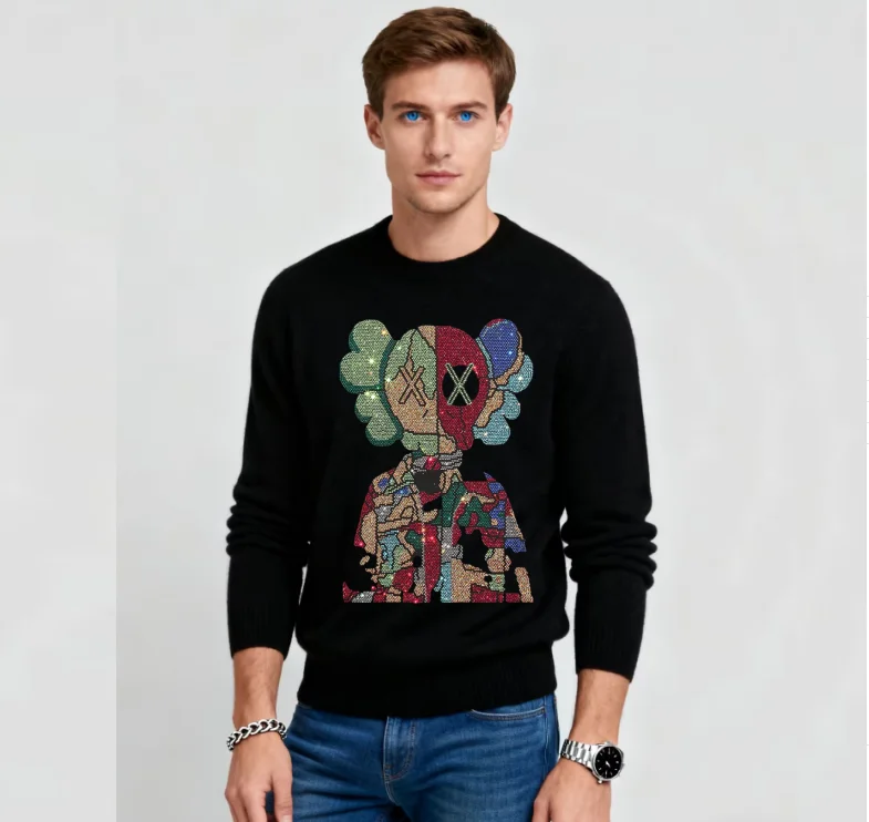 

Роскошный брендовый свитер со стразами, мужской дизайнерский новый повседневный топ с круглым вырезом, зимний плюшевый толстый теплый вязаный пуловер, модная мужская одежда