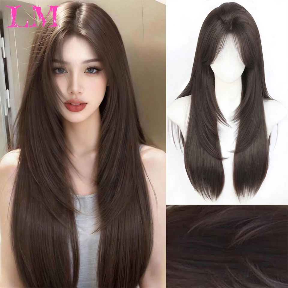 LM Black Wig for Women Long Straight Hair Headband Lace Front Wig Cosplay Temperament for Daily Use Lolita Black Synthetic Wigs
