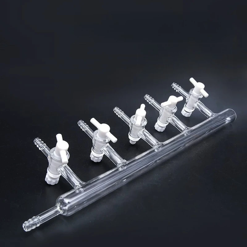 Glass Vacuum Gas Distributor Manifold, Single/Double Bank, PTFE Stopcock, 4/5/6 Ports for Lab Inert Gas & Filtration System