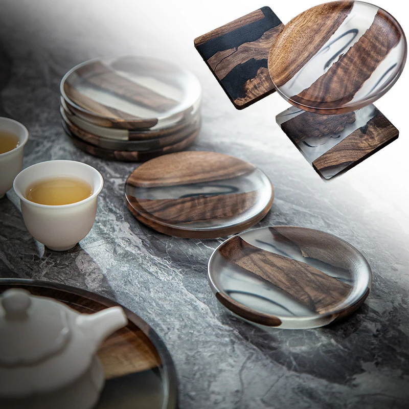 Insulated Wooden Tray Walnut Frame Resin Coaster Ink Nordic Style Tea Cup Holder Epoxy Resin Pot Holder Insulation Pad