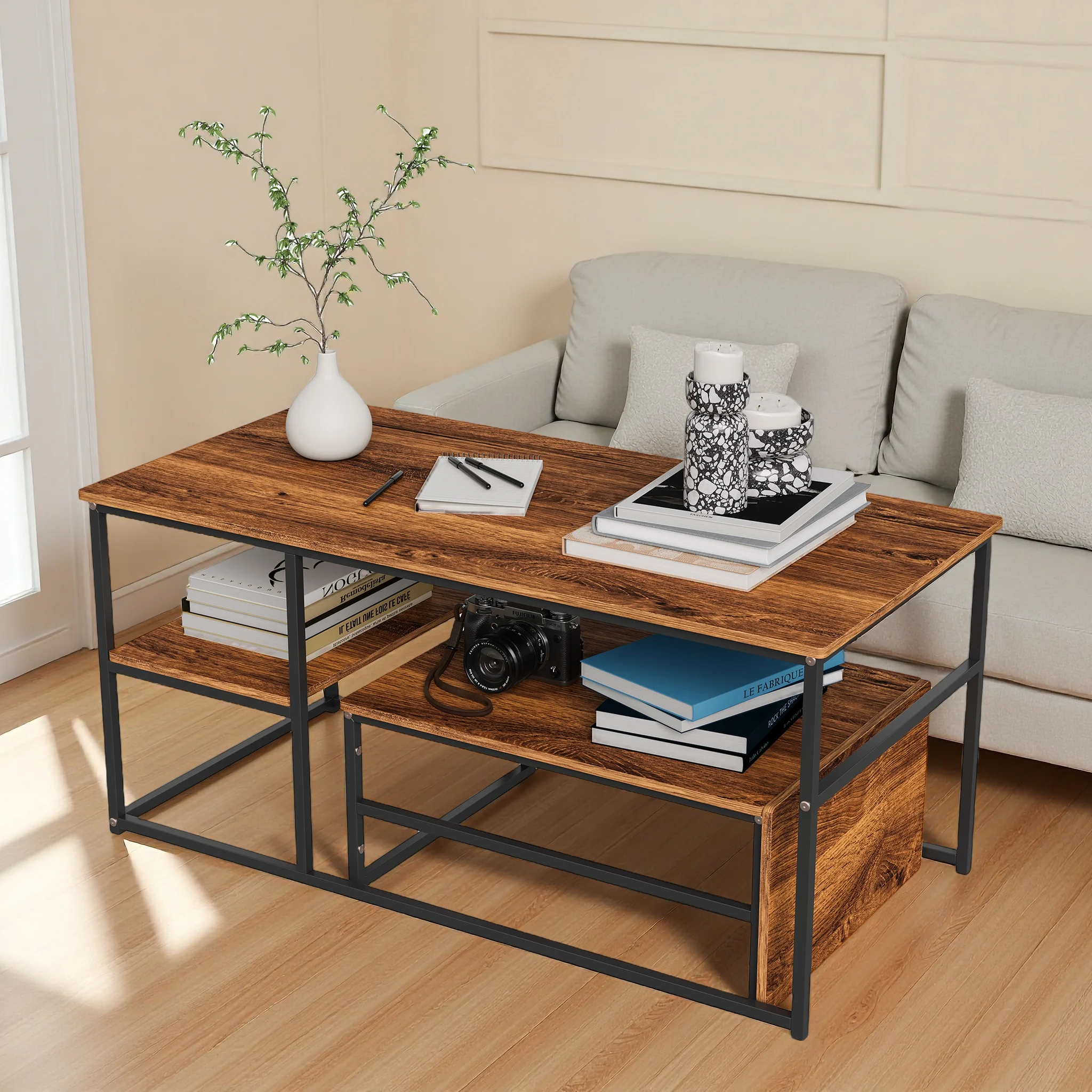 Rosahqnda Lot de 2 tables basses, table d'appoint avec cadre en métal, table moderne simple pour table de salon, marron - Brown