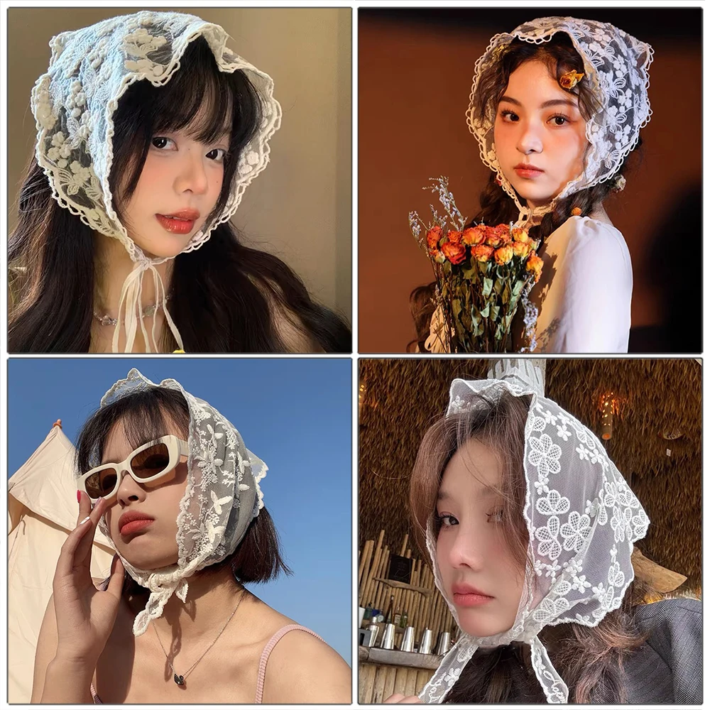 Haimeikang Flower Lace Triangle Scarf Hair Band White Fashion Bandana Turban Headband For Women Headwarp Hair Accessories