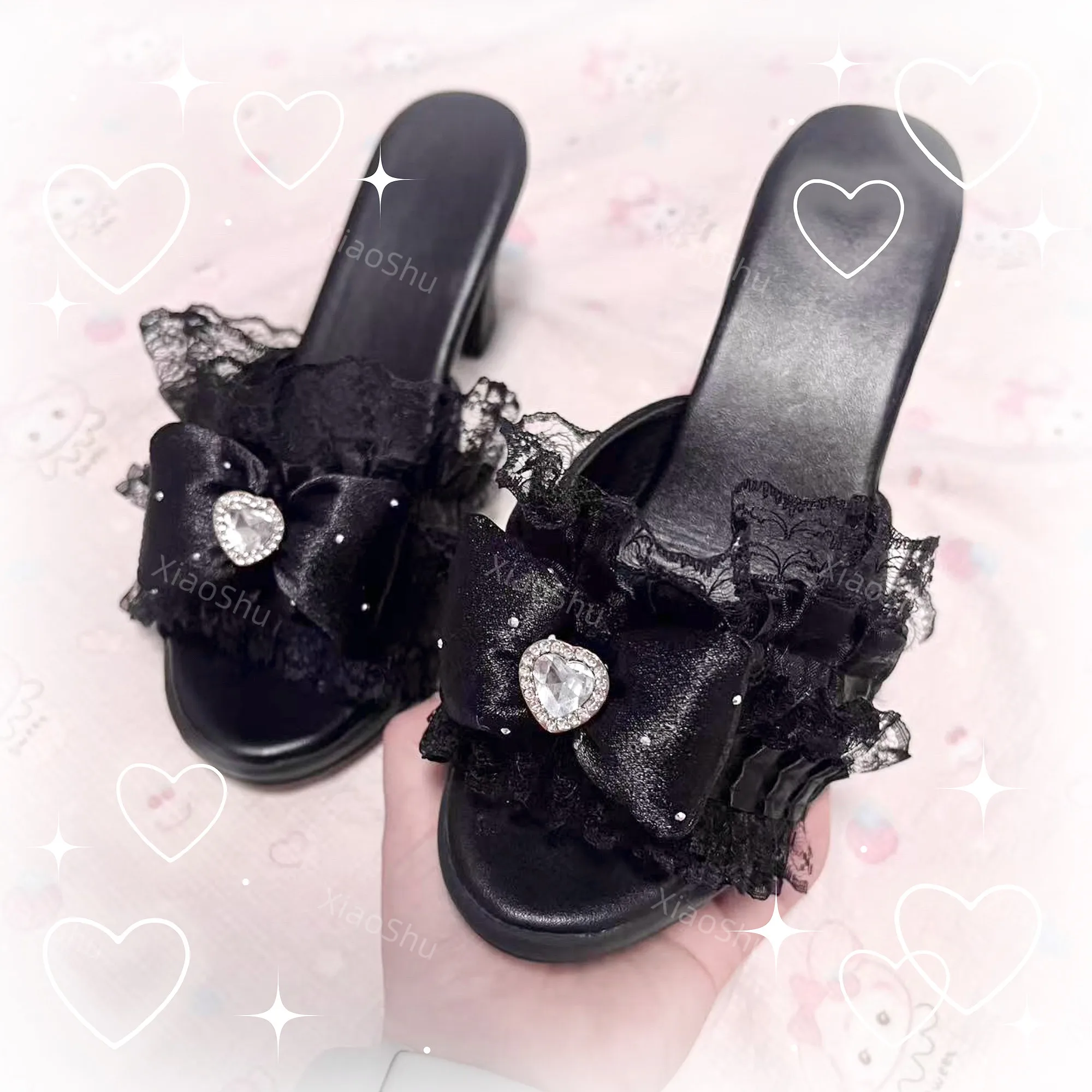 Japanese Mine Mass Production Elegant Lolita Shoes High Heel Sandals Fashion Lace Bow Rhinestone Summer New Black Shoes Women image 3